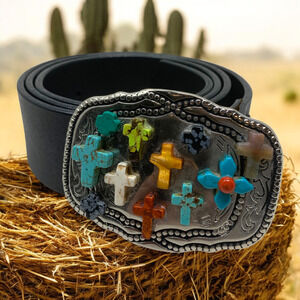 Vintage Barbosa Sz L Black Leather Cowgirl Western Belt Multicolored Crosses